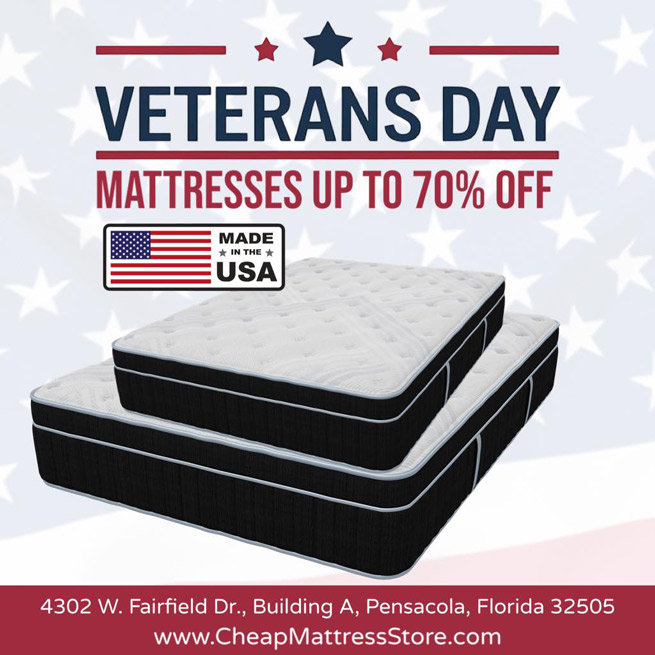 Veterans Day Mega Mattress Sale in Pensacola! Save up to 70% on high-quality, USA-made Memory Foam, Hybrid, and Pillow Top mattresses.